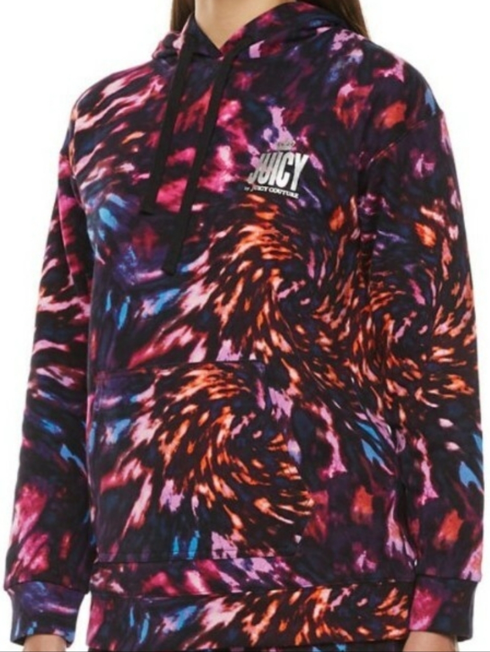 Juicy Couture Black & Pink, Orange, Blue Neon Swirl Tie-Dye Hoodie Sweatshirt XL